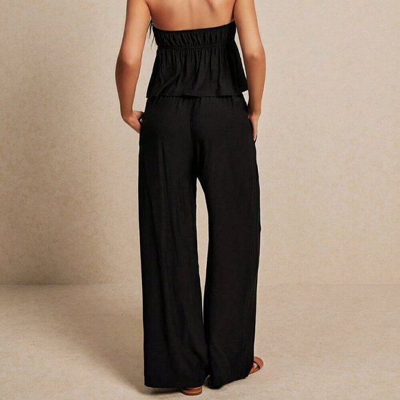 Black Sexy Women's Summer Fashion Linen Crop Top & Wide Leg Trouser Set - Picture 5 of 6